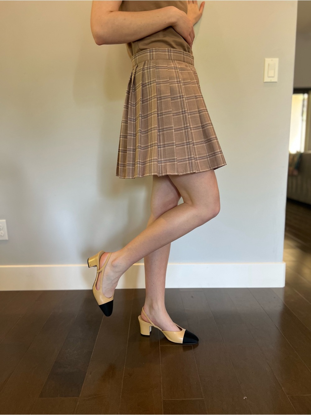 Plaid Pleated Mini Skirt in Taupe - Picture 1 of 5